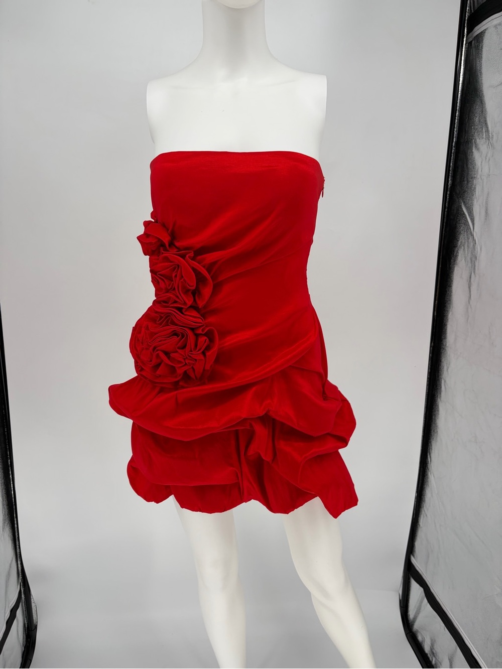 Strapless Red Ruffled Rosette Cocktail Dress